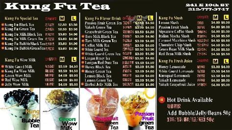 Offers a wide selection of drink toppings including bubbles, beans, jellies & pudding. . Kung fung tea menu